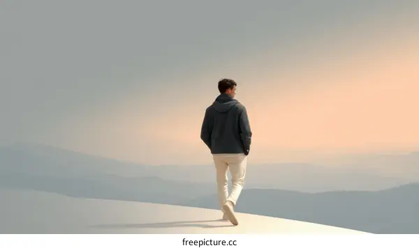 A Man Walking Alone on a Scenic Mountain Top at Sunset