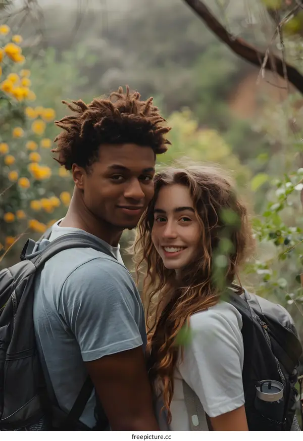 Two smiling young hikers with backpacks in the woods