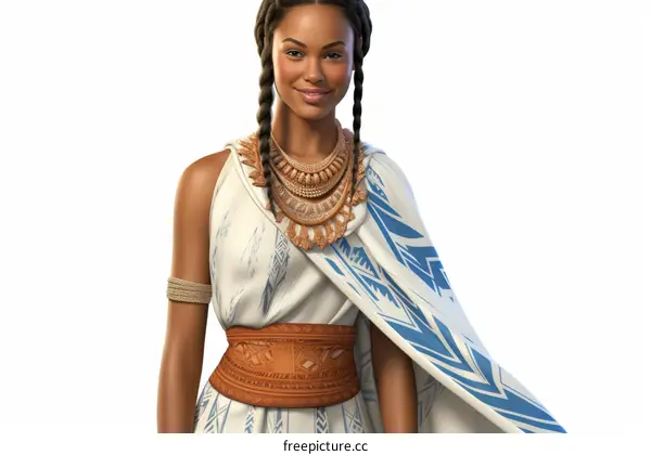 Portrait of a smiling young African woman wearing a traditional white and blue dress