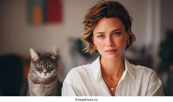 Woman and Cat Portrait in a Cozy Interior