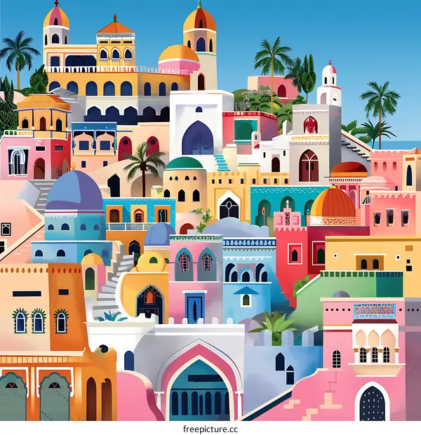 Colorful Illustration of Middle Eastern Cityscape with Domes and Arched Windows