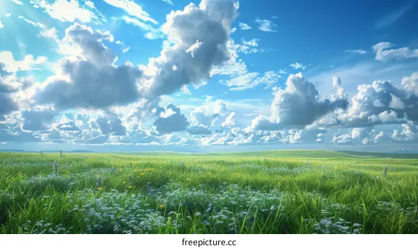 Panoramic Landscape of a Verdant Meadow Under Clear Blue Skies