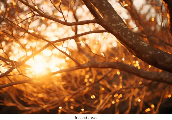 Bare tree branches against the setting sun