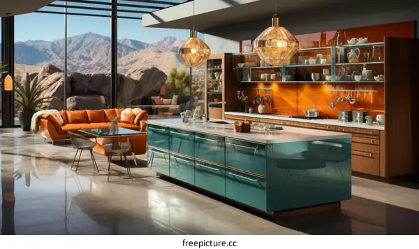 Modern kitchen with large windows and a mountain view