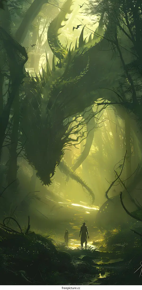 Fantasy Forest with a Giant Dragon