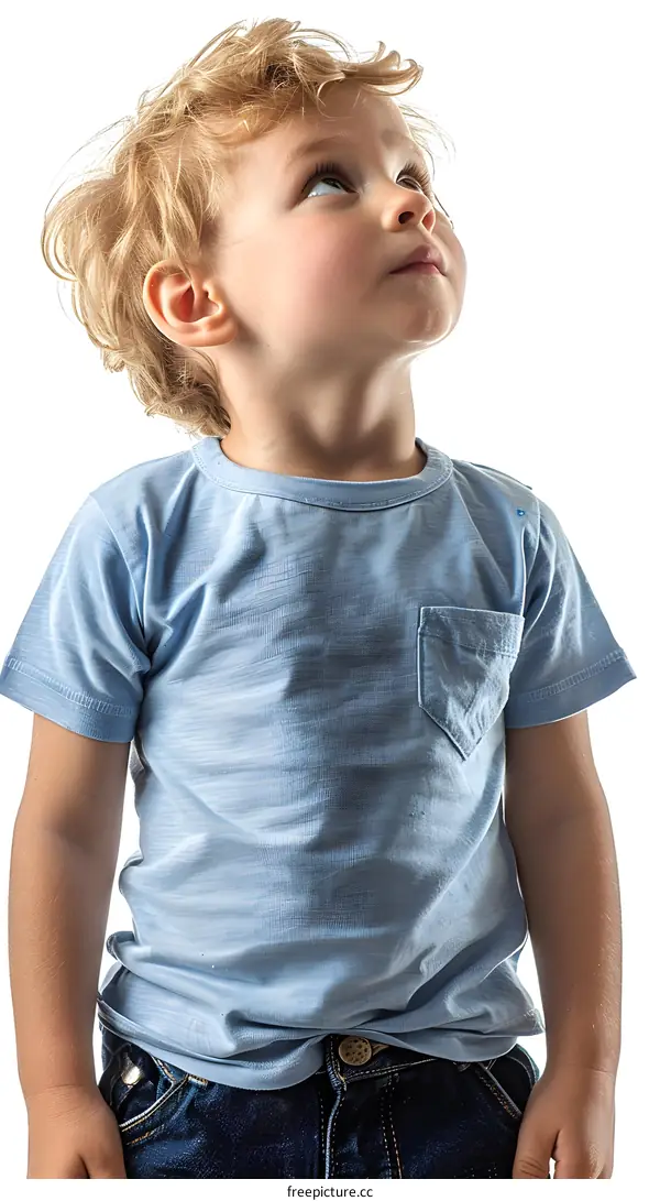 Portrait of a boy with blond hair and blue eyes looking up