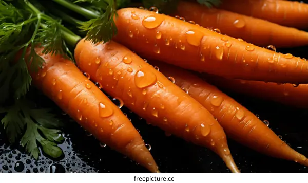 Fresh and healthy orange carrots with green leaves covered with dew