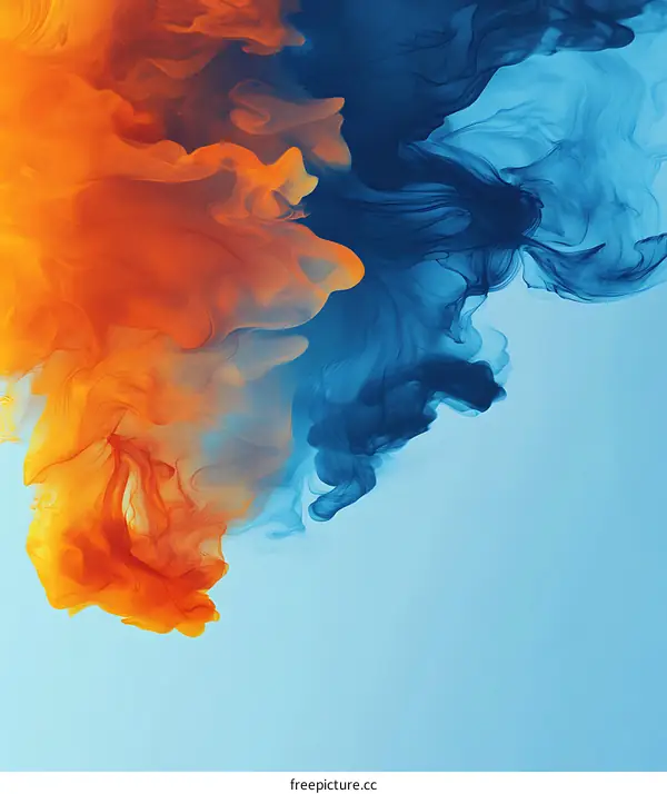 Abstract Blue And Orange Smoke On A Light Blue Background