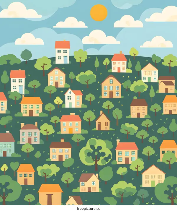 Colorful Cartoon Illustration Of A Small Town With Houses And Trees