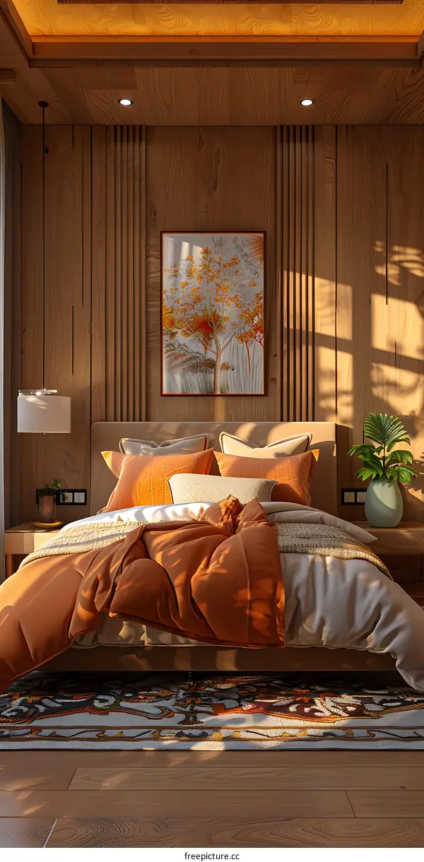 A bed with yellow and gray bedding