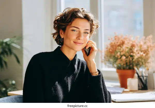 Woman Talking on Phone in Modern Office