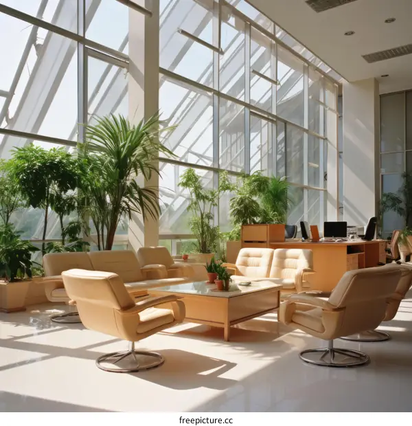 A modern office space with large windows and green plants