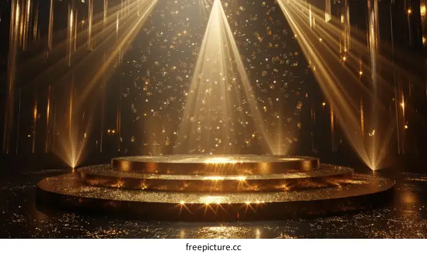 Golden stage with spotlights and falling confetti