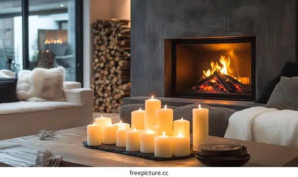 Cozy Living Room with Fireplace and Candles