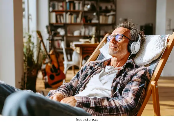 Relaxing Caucasian Man Listening to Music