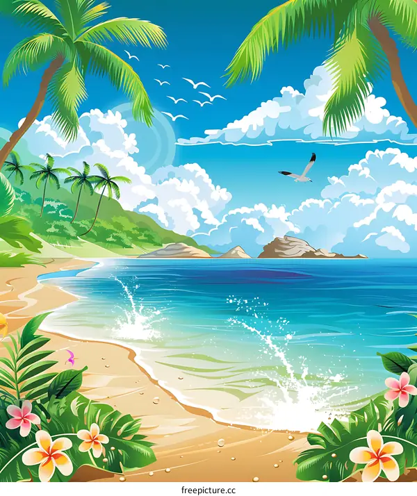 Tropical Beach Landscape with Palm Trees and Ocean