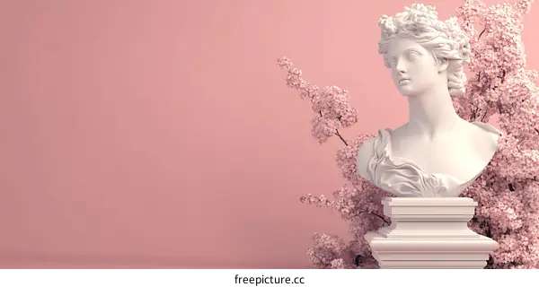 White Marble Sculpture of Woman with Cherry Blossom Flowers