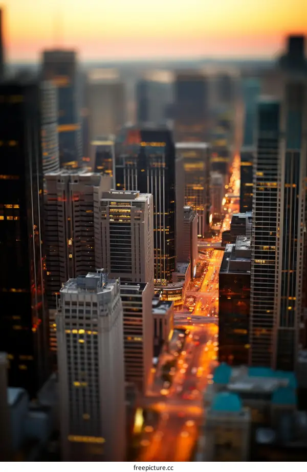 A tilt-shift image of a city at sunset