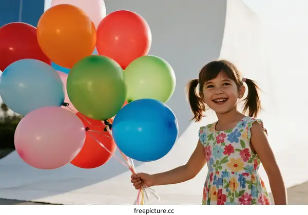 Little girl holding colorful balloons with a happy expression