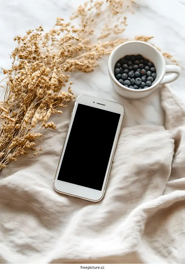White Smartphone On a Beige Fabric With Dried Flowers and Blueberries