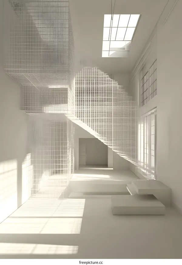 White Modern Minimalist Interior Design With Geometric Wire Mesh Staircase