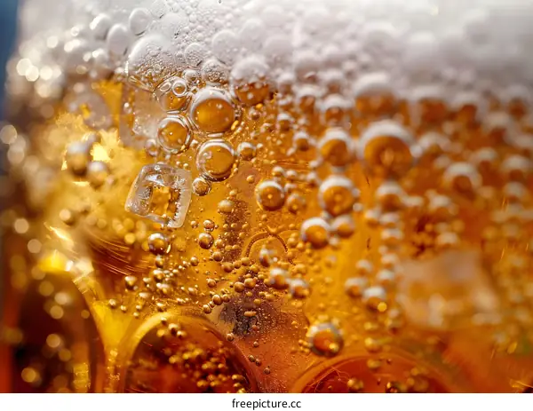 Close Up of Bubbles in a Glass of Beer with Ice