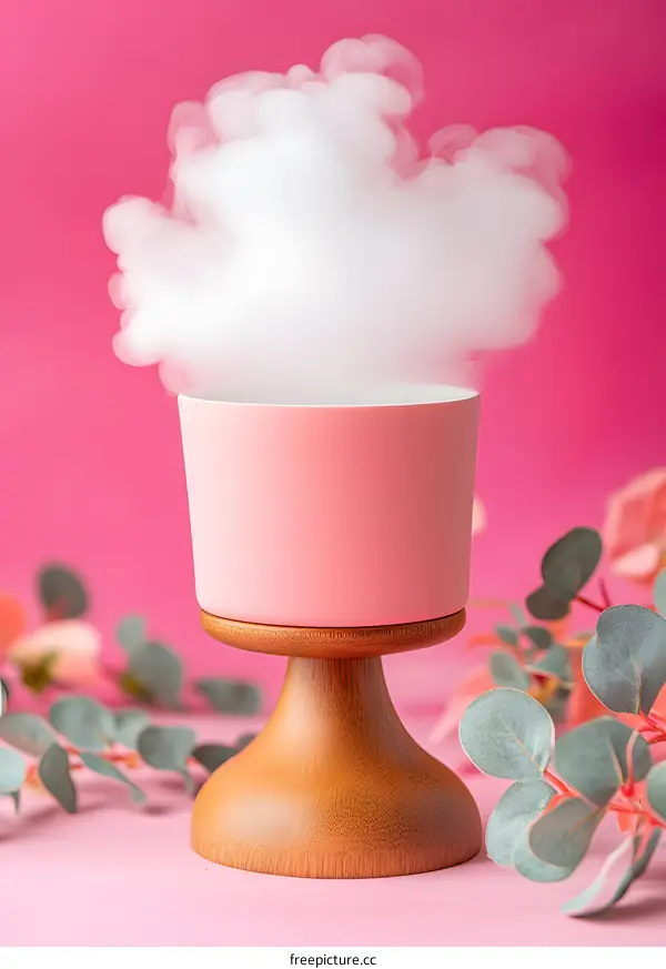 Pink Ceramic Cup With Wooden Stand and Smoke on Pink Background