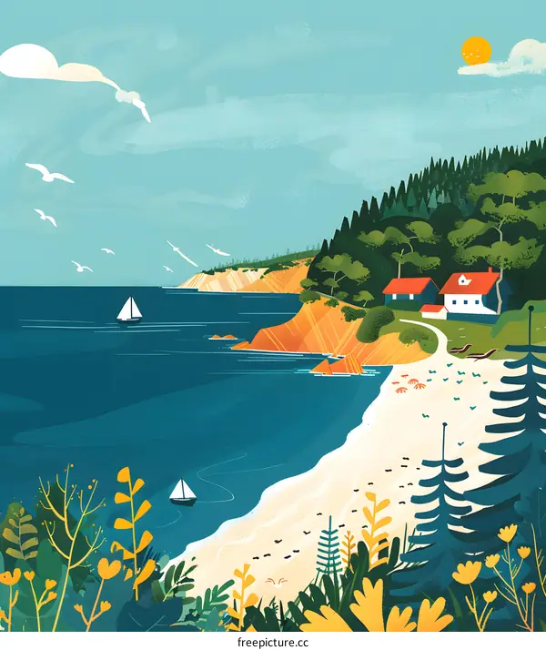 Summer Coastline Illustration with Boats, Beach, and Houses