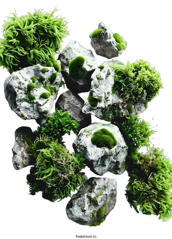 [Transparent Background PNG]Green Moss Growing on Rocks on White Background