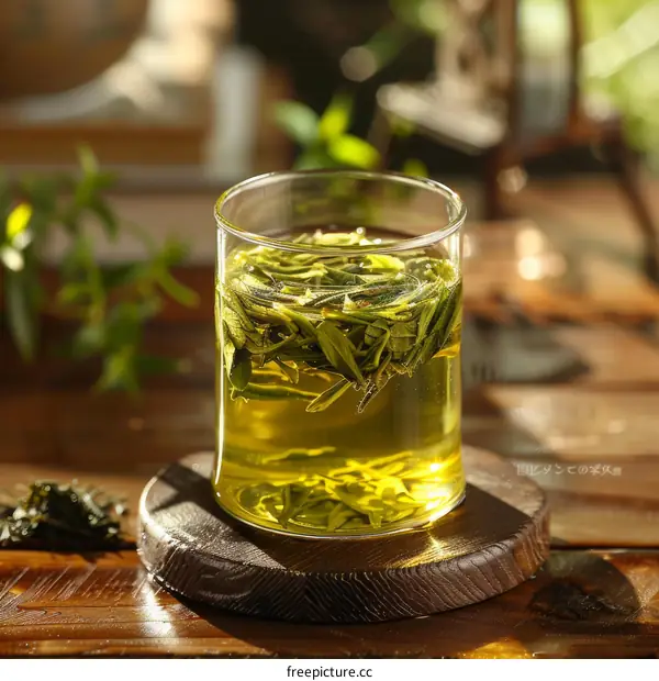 A glass cup of green tea on a wooden table