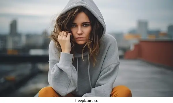 Portrait of a young woman in a gray hoodie