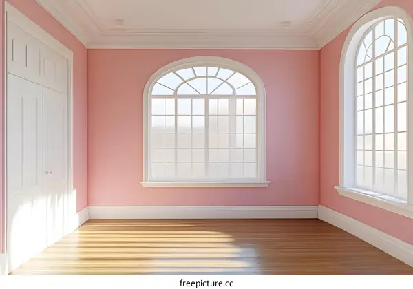 Empty Room With Pink Walls And Arched Windows