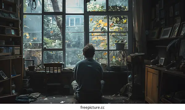 man looking out the window