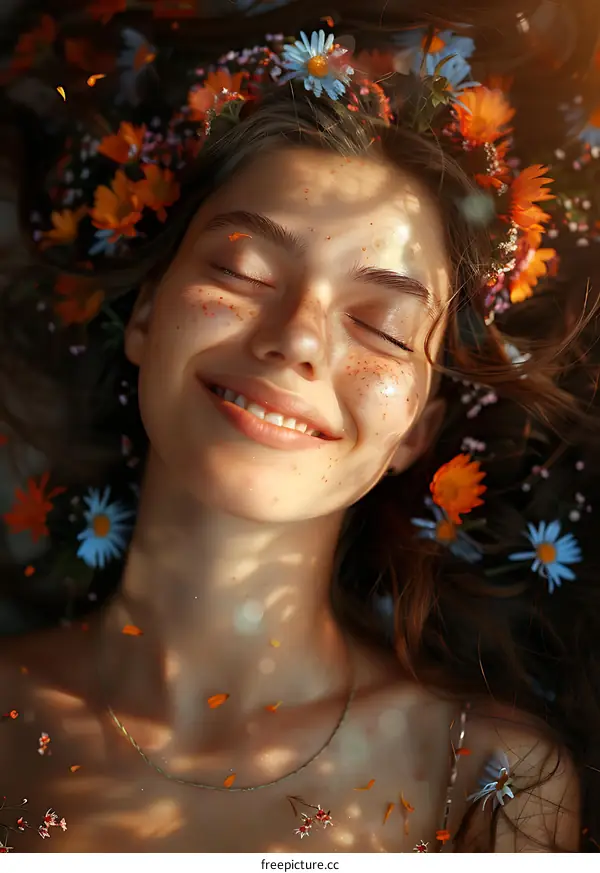 Portrait of a happy young woman with freckles on her face standing in a field of flowers