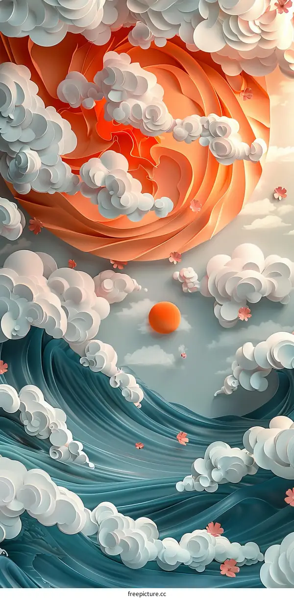 Papercut Abstract Landscape of Clouds and Waves