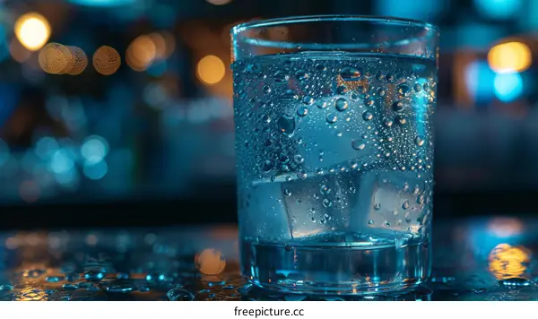 glass of water with ice cubes on a table