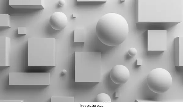 3D rendering of white cubes and spheres on a white background