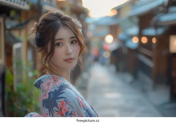 Asian Woman in Traditional Japanese Kimono in Street