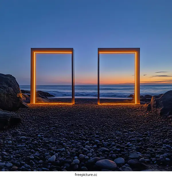 Two Illuminated Frames on a Beach at Sunset