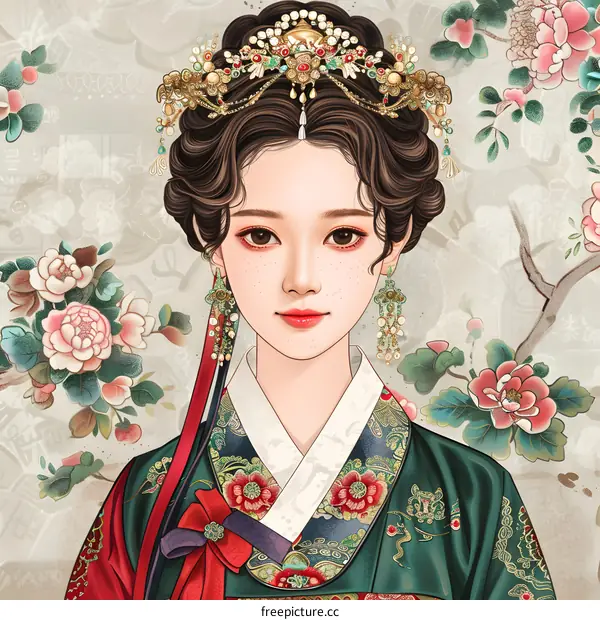Beautiful Korean Woman in Traditional Hanbok Dress with Floral Background