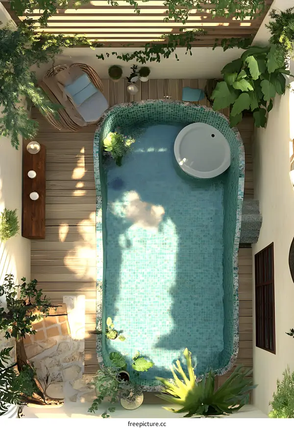 Top View of a Small Swimming Pool Surrounded by Plants and a Wooden Deck