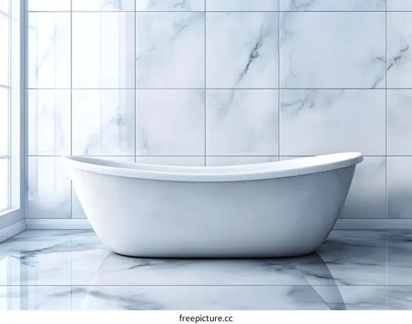 White Bathtub in Modern Bathroom with Marble Tiles