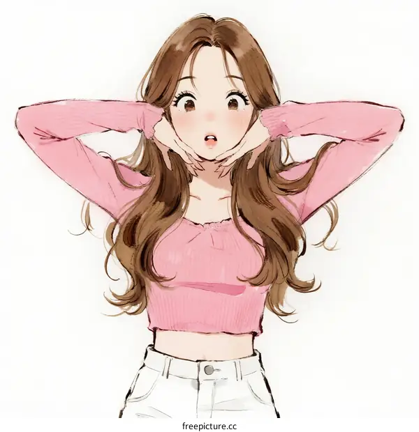 Young woman with long brown hair wearing pink sweater and white pants