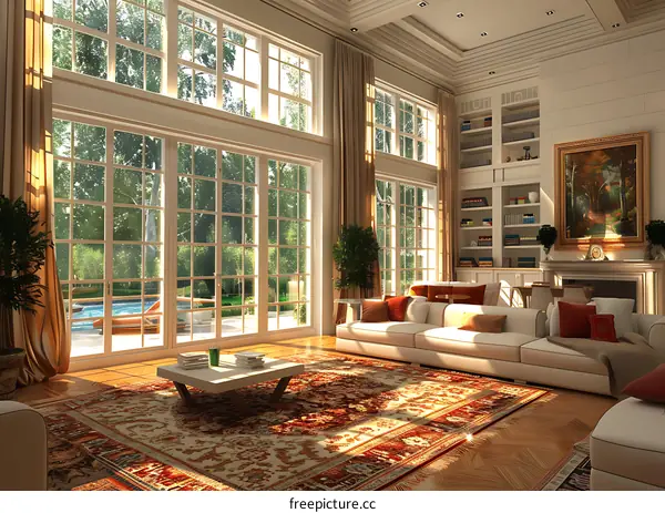 Modern living room interior with large windows and a swimming pool outside