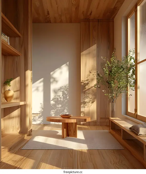 Minimalist Living Room with Wooden Walls and a Round Coffee Table