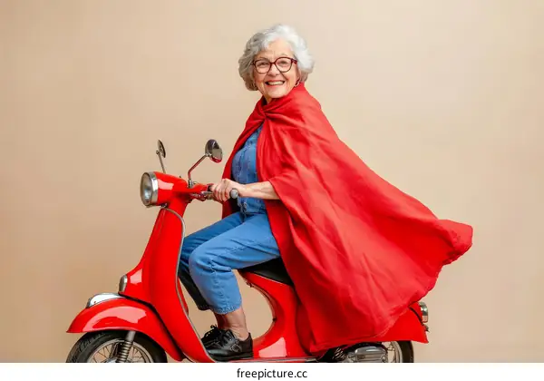 Stylish Senior Woman Riding a Red Scooter with a Cape