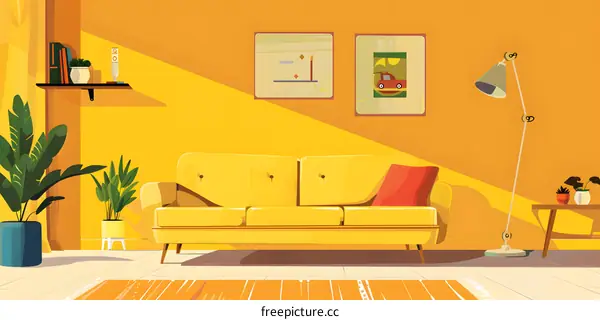 Modern Living Room with Yellow Sofa and Abstract Art