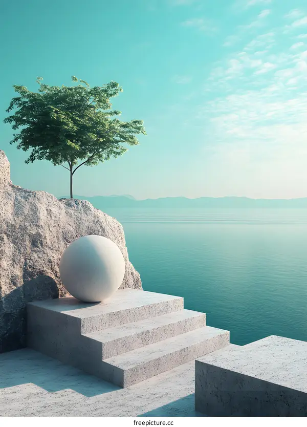 Minimalist Stone Steps and a Sphere in a Green Landscape