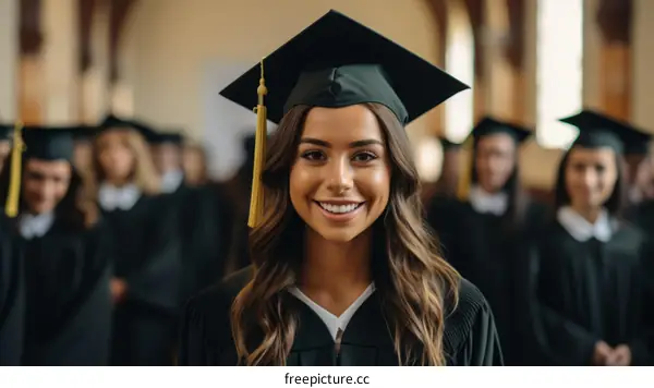 A young woman in a graduation cap and gown smiles at the camera while standing in a group of other graduates.