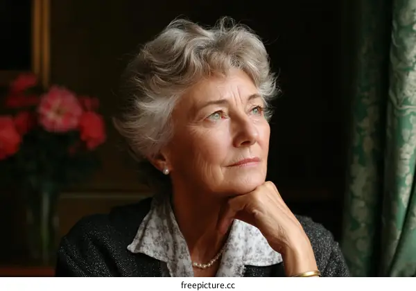 Elderly woman with gray hair looking thoughtfully in indoor setting